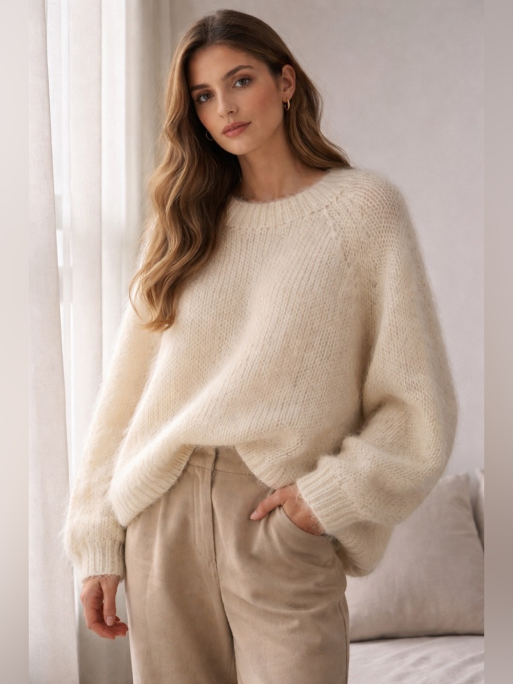 Garnkorgen Hand Knit Mohair Sweater Cream Fuzzy Scandinavian Chunky Knit L XL